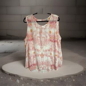 Roz & Ali Tie Dye Sheer Sleeveless Blouse Womens Pink Orange Keyhole Top Size 2X